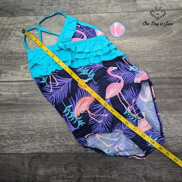 Sanifer Girls Flamingo Ruffle One Piece Swimsuit Size 7-8 Yrs - Picture 3 of 4